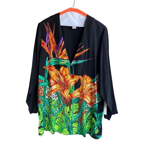 90s Diane Gilman 100% Silk Blouse 1X Colorful Floral Kimono Tunic Sparkle NEW - Picture 1 of 6